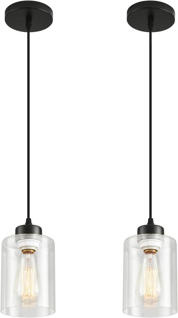 Modern Black Farmhouse Pendant Light with Glass Shade,Industrial Pendant Lighting, Adjustable Hanging Light Fixtures, Farmhouse Pendant Lighting (2 PACK)