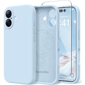 Magnetic for iPhone 16 Case, Compatible with MagSafe, [Screen Protector + Full Camera Protection], Silicone Shockproof Anti-Scratch Protective Phone Case for iPhone 16 6.1", Light Blue