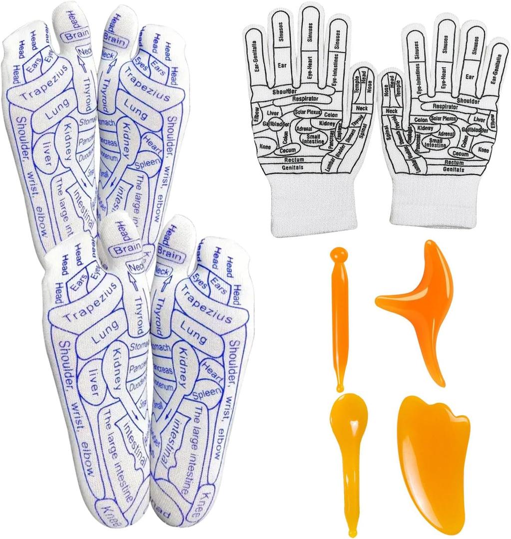 Reflexology Socks with Massage Tools and Gloves, 2 Pair Foot Massage Socks, 1 Pair Gloves, 4 Massage Tools, Acupoint Massage Tool Sets for Man and Women