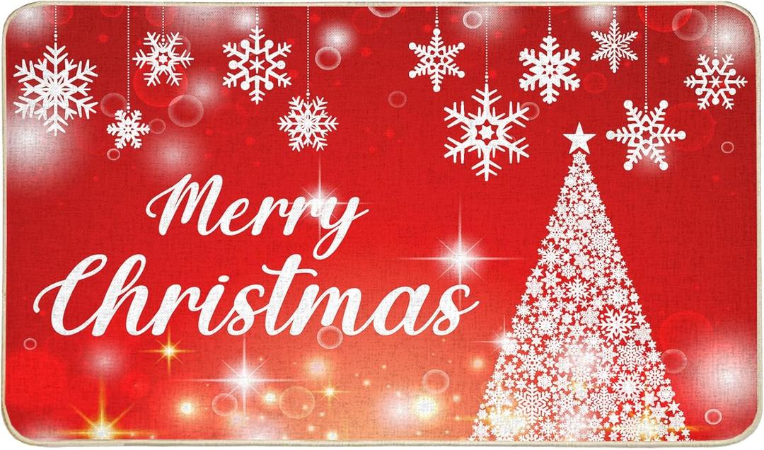 Snowflake Christmas Tree Door Mat, Red Xmas Doormat Indoor Outdoor Entrance Floor Mat, Non Slip Rubber Welcome Mats for Living Room Kitchen Home Decoration 17x29 Inch