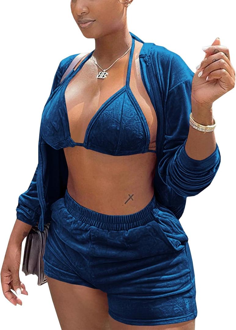 MOEENCN Women Sweatsuits Sets 3 Piece Outfits, Velvet Tracksuit Long Sleeve Hooded Zipper Jacket and Velvet Shorts Send Bra (Large, Dark Blue)