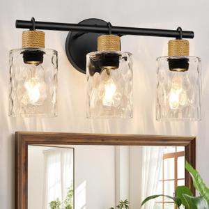 MOKATNG Bathroom Light Fixtures, 3-Light Coastal Vanity Lights with Crystal Glass Shade, Black Bathroom Wall Lamp for Mirror Kitchen Hallway Cabinet