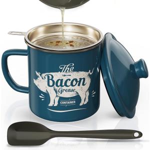 Bacon Grease Container With Strainer, 46OZ Large Enamel Grease Container, With Silicone Spatula, Farmhouse Bacon Grease Keeper, Cooking Oil Container For Kitchen Fat Storage, Dishwasher Safe-Blue