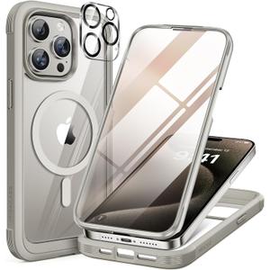 Miracase Magnetic for iPhone 15 Pro Case [Compatible with MagSafe] Full-Body Phone case with Built-in Glass Screen Protector& Camera Protector, Military Drop Proof 15 Pro Cover,Titan