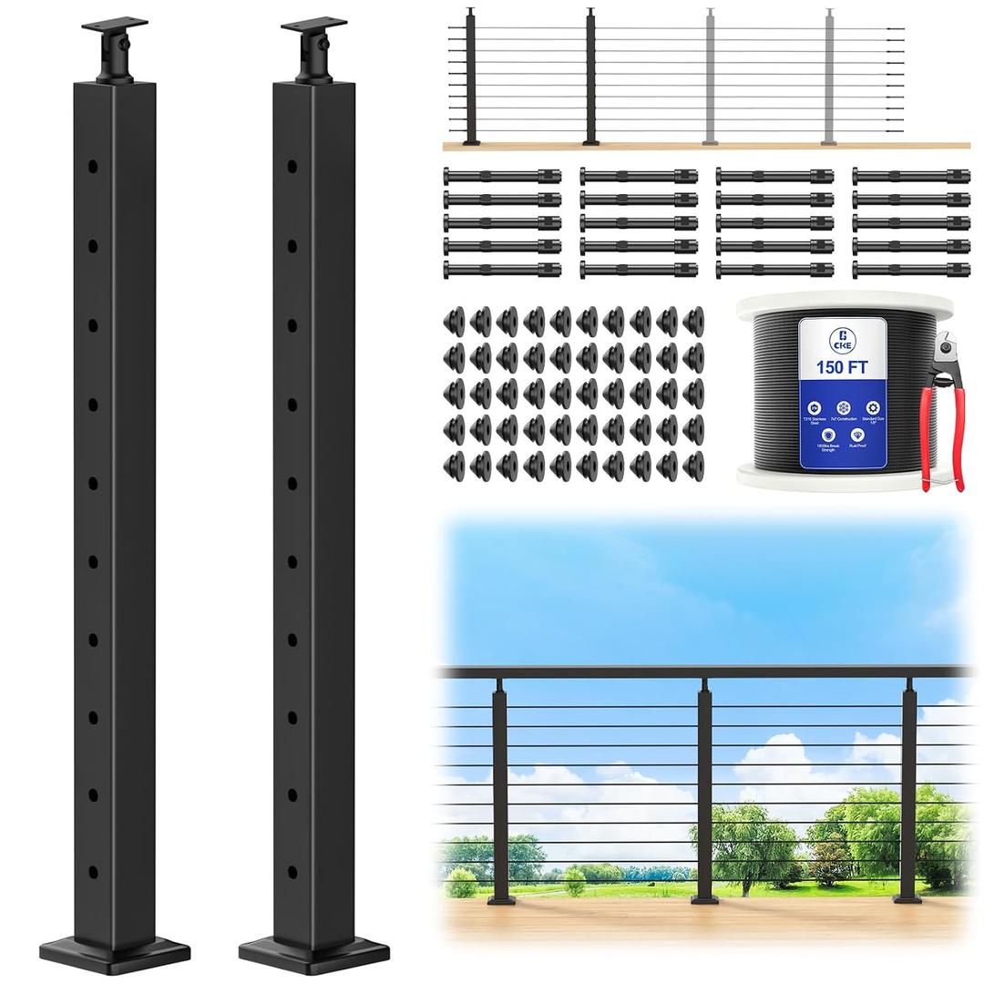 CKE 5-10ft Complete Set 36" Cable Railing Post Kit, 2Pack Adjustable Top Level Drilled Line Posts(35"x2"x2"), 150ft 1/8" Wire Rope, Black Swageless Invisible Cable Railing Kit (No Handrail) LPS01