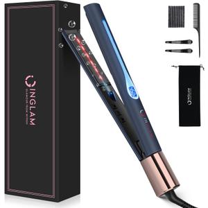 IG INGLAM Titanium Flat Iron Hair Straightener, 1 Inch Curling Iron, Infrared Negative Ionic Hair Straightener 11 Adjust Temp 250F-450F, Shiny Hair Dual Voltage 110-240V, Gift, Prussian Blue
