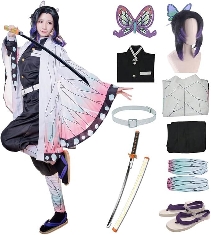 Full Set Halloween Costume Kochou Shinobu Party Role Cosplay Costume Kimono Outfit W/Shoes Wig Sword, M