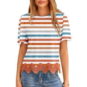 LOLONG Womens Short Sleeve Printed Tops Summer 2026 Crew Neck Color Block Casual Blouses (XXL)