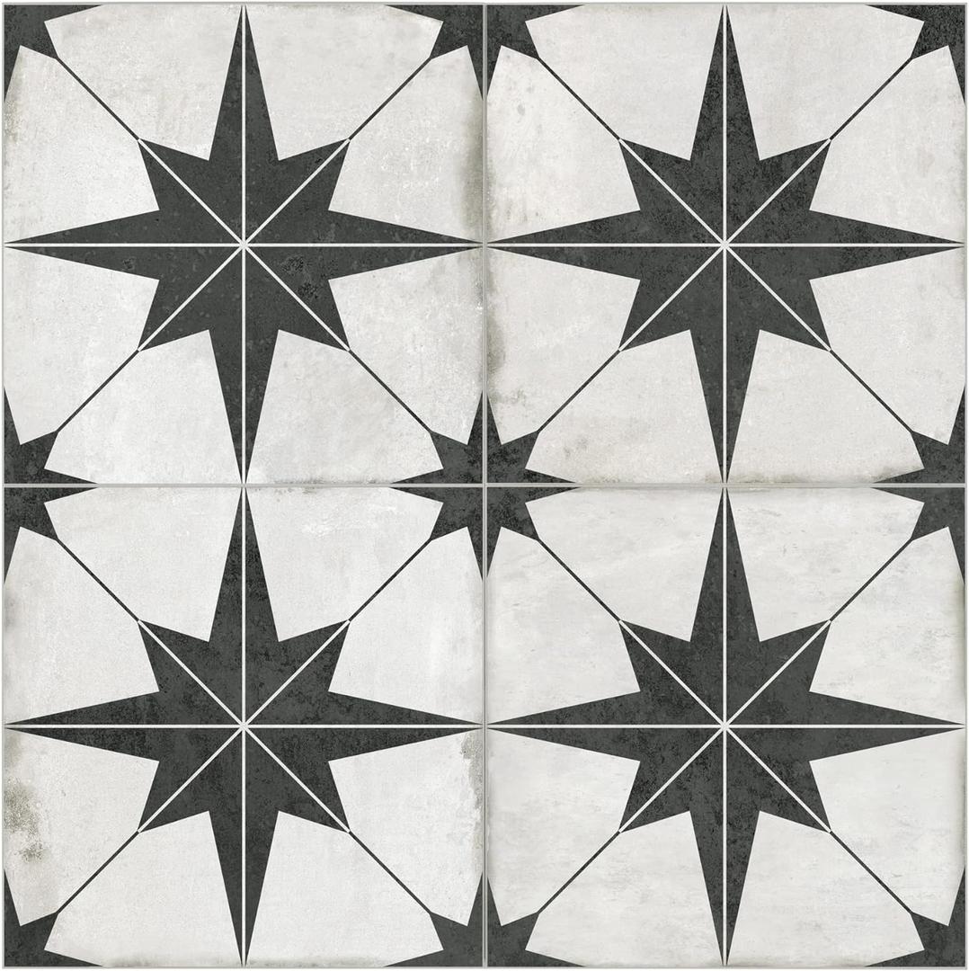 The Tiles Plaza Encaustic Peel and Stick Backsplash, Black Star Patterned Vintage Stick on Tiles, Stone Composite Self-Adhesive Wall Tile Sticker for Kitchen Bathroom Fireplace Stairs, 10 Sheets (12x12 Inch)