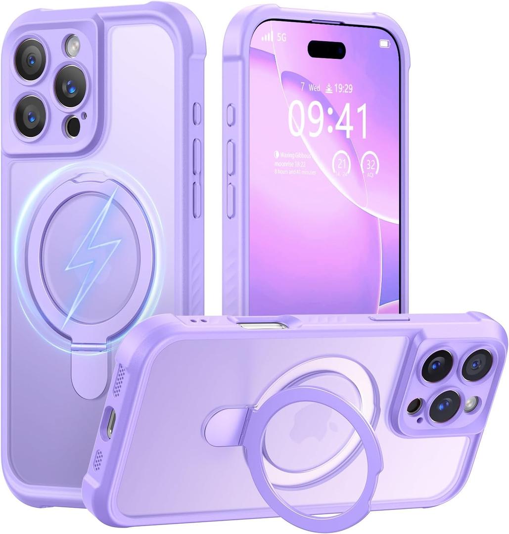 MOCCA Design for iPhone 16 Pro Case with Magnetic Invisible Stand [Full Camera Protection] [Compatible with Magsafe] Military Drop Shockproof Translucent Matte Phone Case Cover 6.3",Light Purple