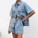 chouyatou Women's Summer Denim 2 Piece Outfits Short Sleeve Button Down Shirt Elastic Waist Wide Leg Shorts Matching Set (Blue, S)