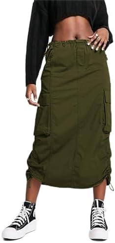 BLUEMING Women Y2k Cargo Long Skirt Low Waist Drawstring Maxi Skirt Ruched Vintage Slit Cargo Skirt with Pockets L