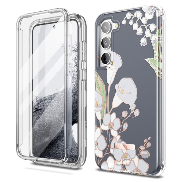 SURITCH for Samsung Galaxy S23 Plus Case, [Builtin Screen Protector] [DualLayer Protection ] Full Protection Shockproof Rugged Bumper Phone Cover for Samsung S23 Plus 6.6 Inch  White Calla Lily