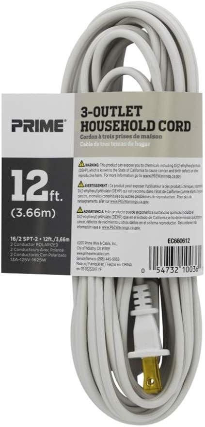 PRIME EC660615 15' 16/2 SPT-2 3-Outlet Cord, White