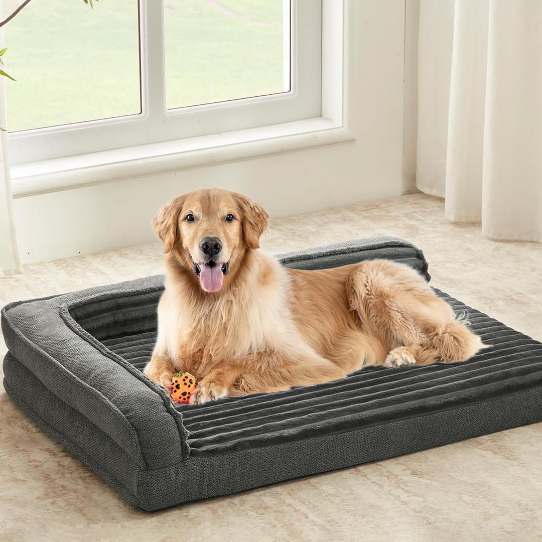 WINDRACING Orthopedic Dog Beds for Large Dogs, XLarge Waterproof Dog Bed with L Bolster Sides, Washable Big Pet Bed with Removable Cover & Non-Slip Bottom, 40 x 28 inch, Gray