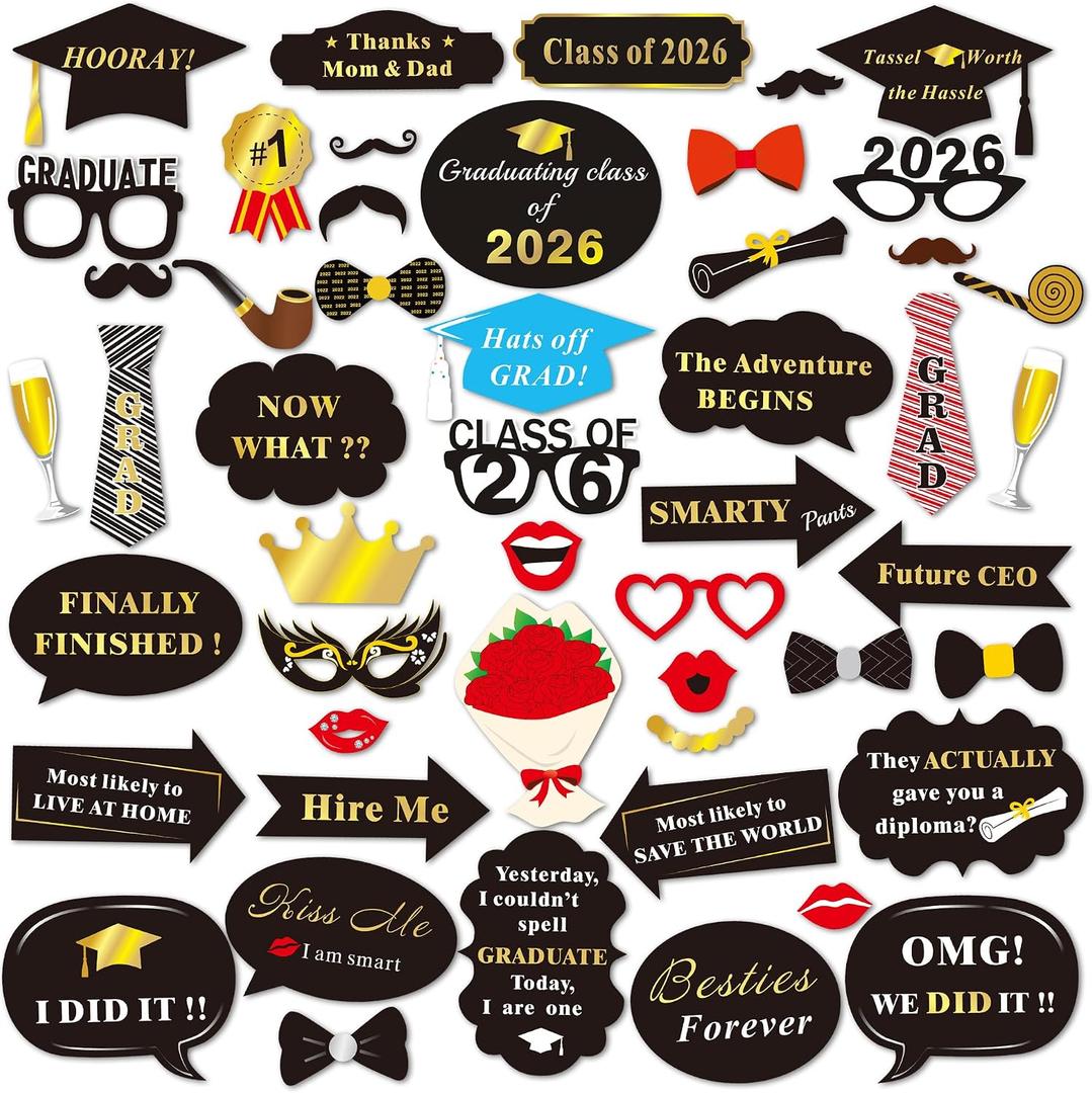 Graduation Photo Booth Props (50Count), Konsait Large Graduation Photo Props Class of 2026 Grad Decor with Sticks for Kids Boy Girl, Black and Gold, for Graduation Party Favors Supplies Decorations