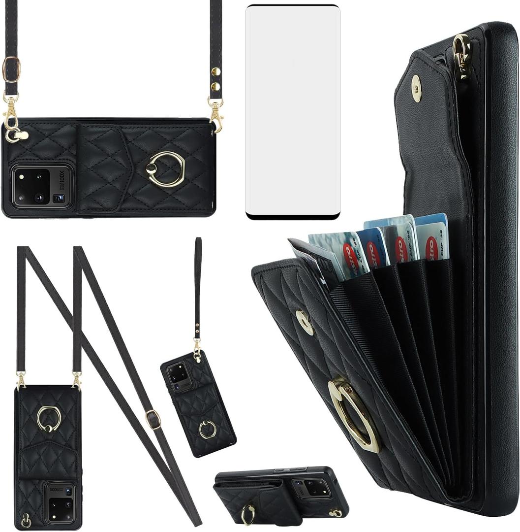 Asuwish Phone Case for Samsung Galaxy S20 Ultra 5G Wallet Cover with Tempered Glass Screen Protector and Crossbody Ring RFID Blocking Card Holder Cell S20ultra 20S S 20 A20 S2O 20ultra G5 Women Black