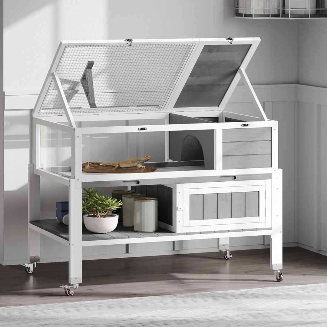 DWVO Large Tortoise Habitat with Storage Cabinet & Leakproof Tray, Tortoise Cage with Legs & Wheels, Solid Wood Openable Roof Turtle Box Enclosure w Lamp Holder, Indoor Outdoor Reptile Terrarium House