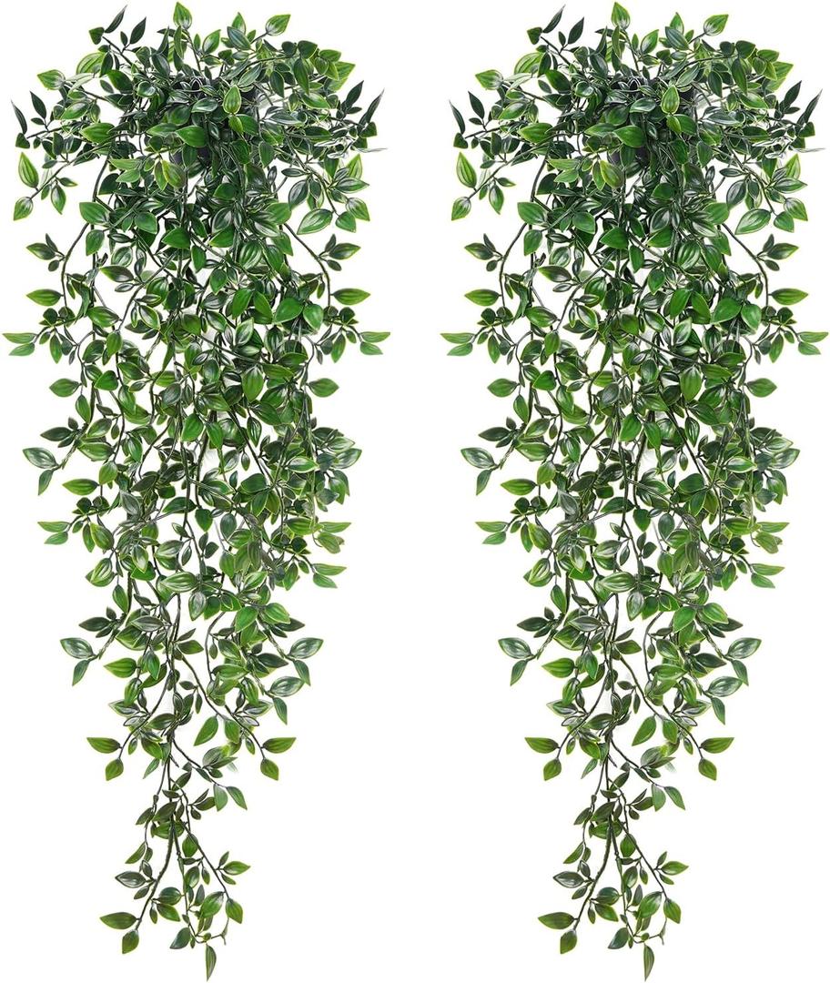 BLEUM CADE Fake Hanging Plants, 2pcs Artificial Hanging Potted Plant, Faux Mandala Vines Hanging Plant Greenery for Wall Shelf Home Living Room Indoor Outdoor Decor