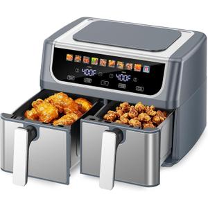 DUMOS 10-in-1 Air Fryer 9.5 QT, Large Airfryer with with 2 Independent Frying Baskets, Sync Finish & Match Cook, Shake Reminder, Wide Temperature 80-450F, Roast Bake Defrost Dehydrate, Grey, 16" x 14" x 11.5"
