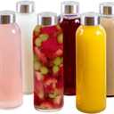 Brieftons 18 Oz Clear Borosilicate Glass Water Bottles With Caps, 6 Pack, Heat Resistant, Slim, Easy to Store, Reusable Drinking Bottle, Sauce Jar, Juice Beverage Container, With Leakproof Lids