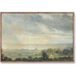 Vast Green Grassland Scenery Framed Canvas Wall Art, Classic Vintage Rural Landscape Oil Painting, Neutral Muted Farmhouse Nature Wall Decor for Living Room Bedroom Bathroom Home Interior 24”L x 16”W