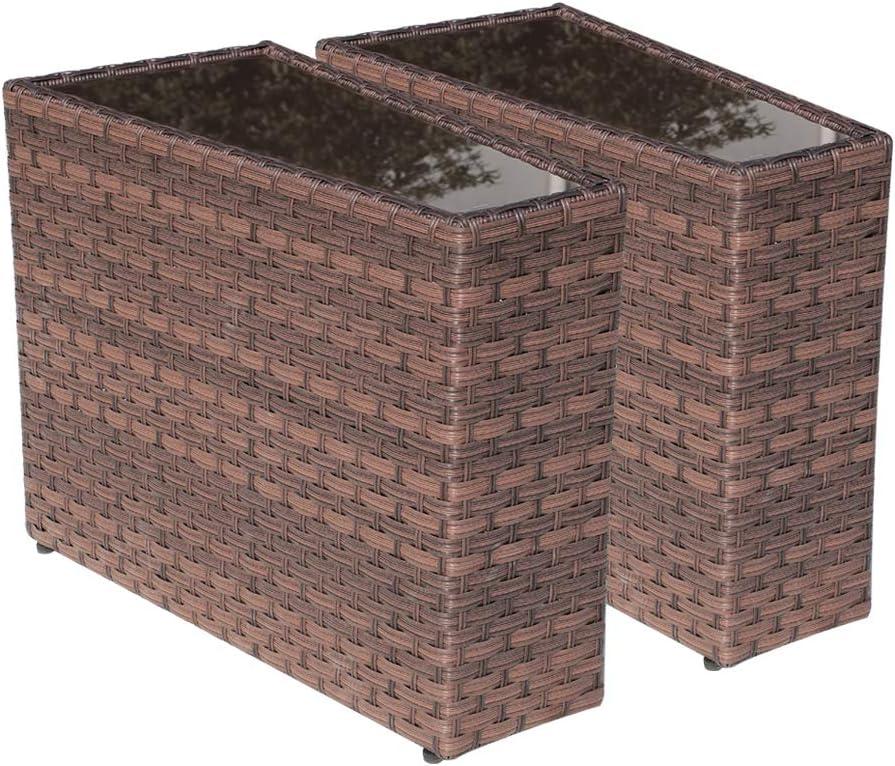 SUNSITT Rattan PE Resin Wicker Patio Side Table 2-Pack Sofa Wedge End Table with Tempered Glass Top, Brown