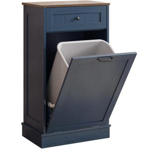 KIGOTY Tilt Out Trash Can Cabinet Trash Bin Cabinet with Hideaway Drawer Hidden Wooden Kitchen Garbage Can, Pet Proof Trash Can Holder for Kitchen (Blue-Brown)