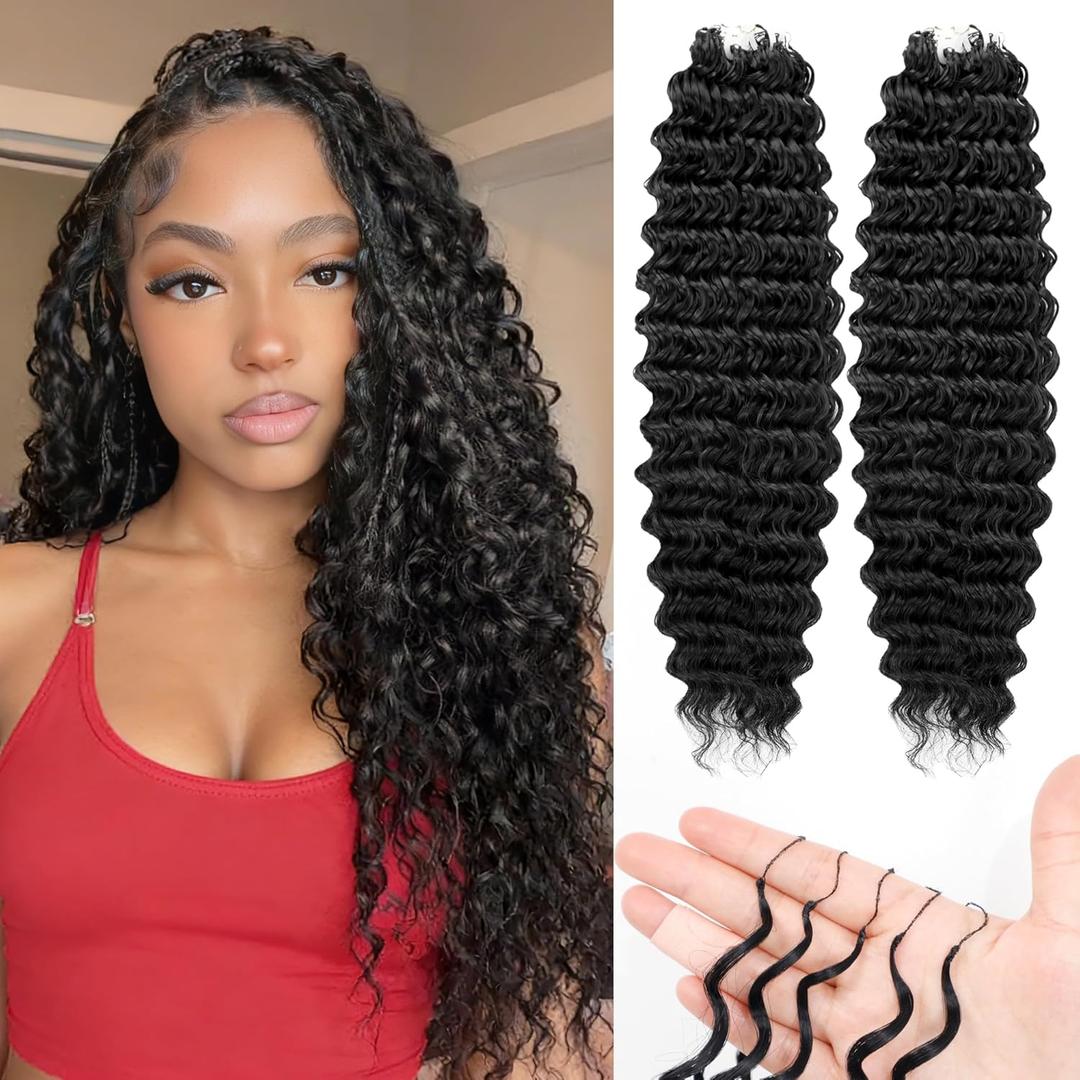 Feather Crochet Hair For Black Women, 200g 100 Strands Synthetic Pre-Separated Deep Wave For Miracle Knots Crochet Braids Hair Invisible Burmese Curly Hair Extensions (18 inch, 1B)