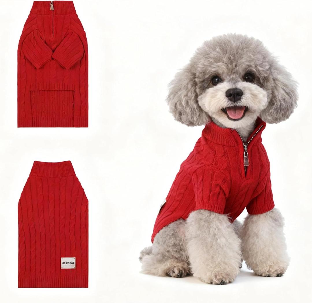 Small/Medium Dog Sweater, Warm Dog Winter Coat w/Sleeves, Comfortable High Neck Premium Dog Clothes for Mini Poodle-Best for Holidays, Daily Walks, Small Red
