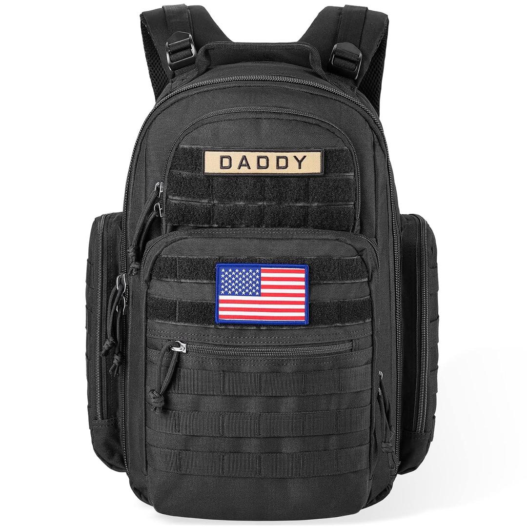 SHARKMOUTH Diaper Bag Backpack for Dad and Mom, Military Molle diaper Pack with Insulated Bottle Holders and Wipe Pocket (Black)