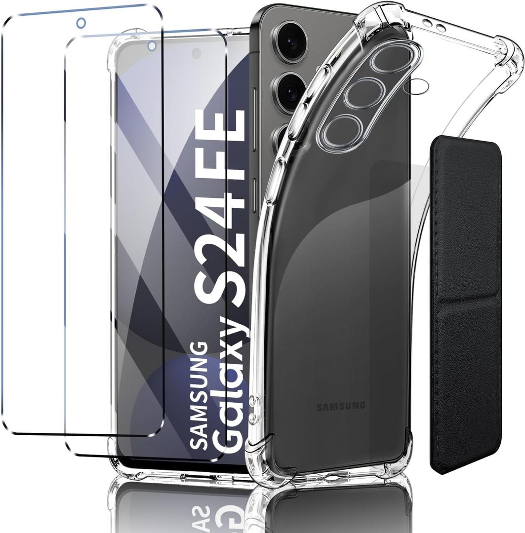 for Samsung Galaxy S24 FE Case, Shockproof TPU Clear Cover with 2 Pack Tempered Glass Screen Protectors & Leather Kickstand (3M Adhesive Mount) for Stand/Horizontal Viewing, Clear