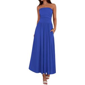 BTFBM Summer Maxi Dresses for Women 2025 Strapless Ruched Tube Top Flowy Beach Vacation Wedding Guest Dress Pockets (Medium, Royal Blue)
