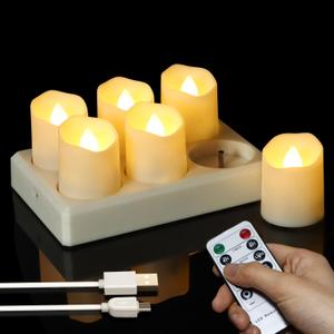 6pcs LED Tea Lights Rechargeable with Charging Base and USB Cable, Flameless Votive Candles Flickering with Remote and Timer, Electric Fake Candles Warm White