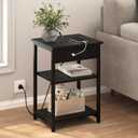 End Tables Set of 2 with Charging Station USB Ports, 3 Tier Tall Night Stand with Storage Shelves, Record Player Stand Narrow Side Table for Small Space Living Room Bedroom Office, Easy Assembly,Black