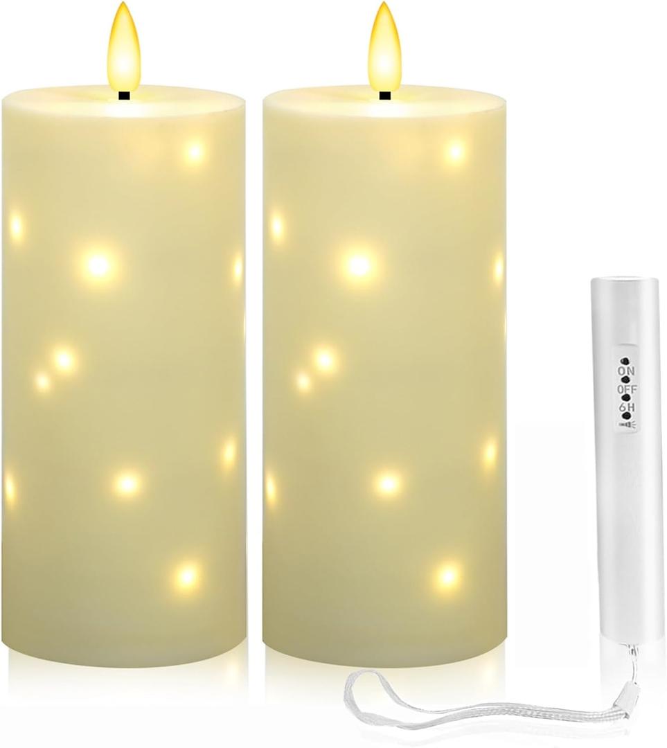 YOROXRG 4" x 10" Large Outdoor Waterproof Flickering Flameless Candles with Timer,2Pcs Battery Operated LED Pillar Candles with Embedded Star String for Outdoor Lanterns,Porch,Patio Decor(Ivory)