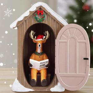 Hiboom Christmas Reindeer Figurine, Deer in Outhouse with Santa Hat & How to Avoid Hunters Magazine, Funny Christmas Decorations Indoor for Home & Office | Deer Decor, Unique Holiday Decor