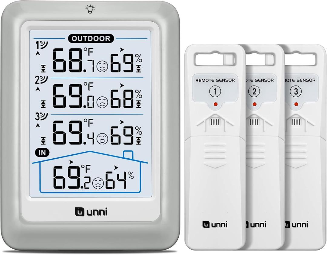 Indoor Outdoor Thermometer Wireless, 4.5 Inch Display Digital Hygrometer Thermometer Temperature Humidity Monitor with 330ft Range Sensor and Adjustable Backlight (White)