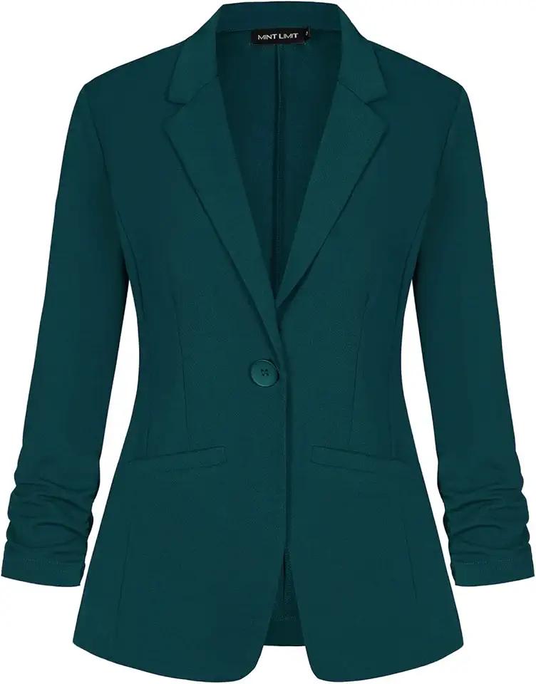 MINTLIMIT Women's Casual Blazer 3/4 Ruched Sleeve Open Front Button Work Office Blazer Jackets with Pockets, Medium