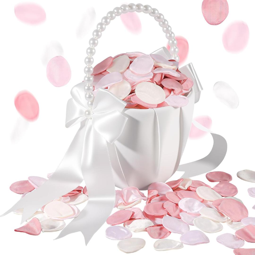 Wedding Flower Girl Basket with 300 Pieces Artificial Pink Silk Rose Petals, Flower Girl Baskets for Wedding, Pearl Handle and Ribbon Bow Wedding Basket for Romantic Wedding Ceremony Party Decoration