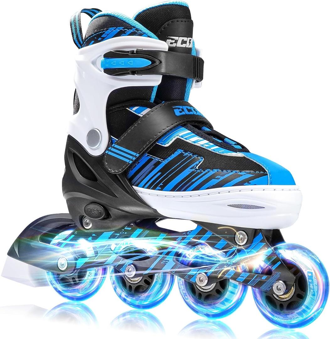 ECOO Adjustable Inline Skates Boys and Girls with Light up Wheels，Roller Skates for Kids Ages 4-12, Teen Skates for Beginner Outdoor and Indoor (Blue, Medium-Big Kids（13j-3 US）)
