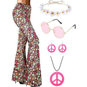 SATINIOR 6 Pcs 60s 70s Hippie Costume for Women Disco Outfits Flared Pants Boho Peace Sign Necklace Earrings for Mardi Gras (Large)