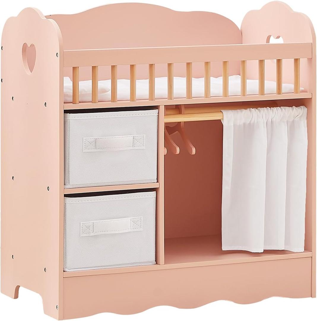OOOK Baby Doll Crib, Wooden Baby Doll Bed and Changing Table, Dollhouse Furniture with Two Storage Box, Bedding and Coat Hangers, Nursery Playset Suitable for Dolls Under 22 Inches, Pink, 22 x 11.4 x 22.6 inches