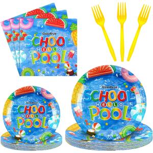 Sunnyray 96 Pieces Goodbye School Hello Pool Party Supplies Summer Pool Party Tableware Set End of School Year Summer Vacation Plates Napkins Forks for 24 Guests