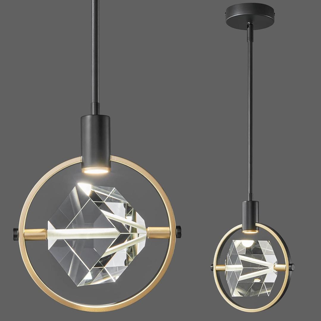 Modern Crystal Pendant Light in Black Mini Dimmable Integrated LED Light Fixtures Metal Rod Ceiling Black Gold Chandelier for Kitchen Island Bedroom Dining Room Bar(1-Lights)