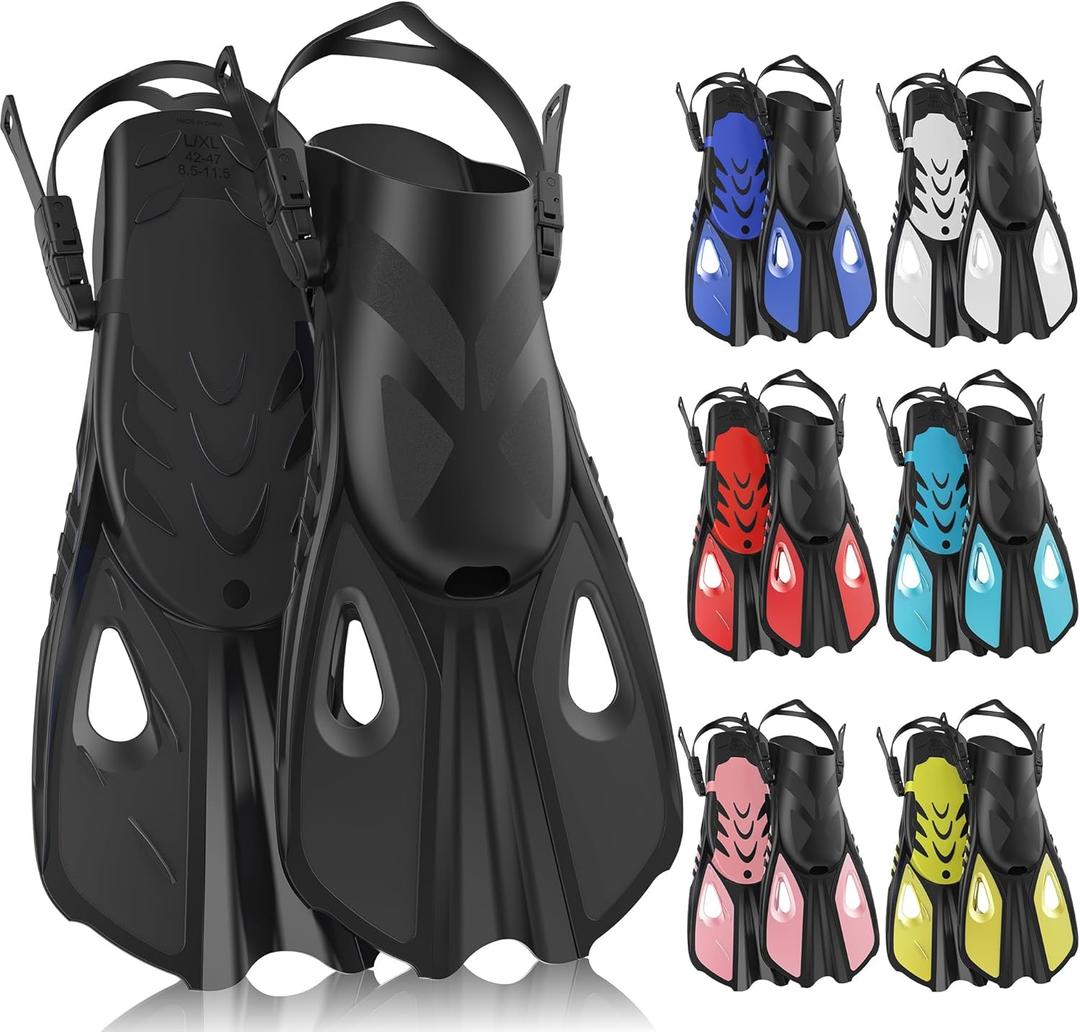 Snorkel Fins, Swim Fins Travel Size Short Adjustable for Snorkeling Diving Adult Men Women Open Heel Swimming Flippers (Black)