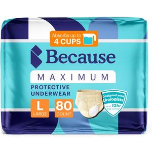 Because Premium Maximum Plus Adult Incontinence and Postpartum Bladder Leak Underwear for Women, Maximum Absorbency, Disposable, Beige, Large, 80 Count (4 Packs of 20)