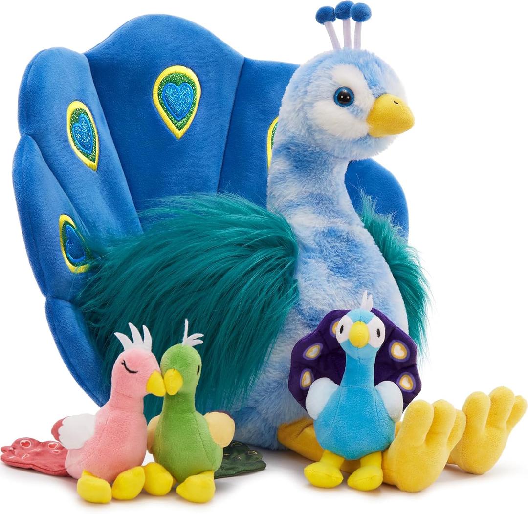 MorisMos Plush Peacock Stuffed Animal with 3 Baby Bird Plush Toys,18''Mommy Peacock Toys for Girl Boy Kid,Realistic Bird Stuffed Animals Gift for Birthday Decor Baby Shower Christmas,CE/CPC Certified
