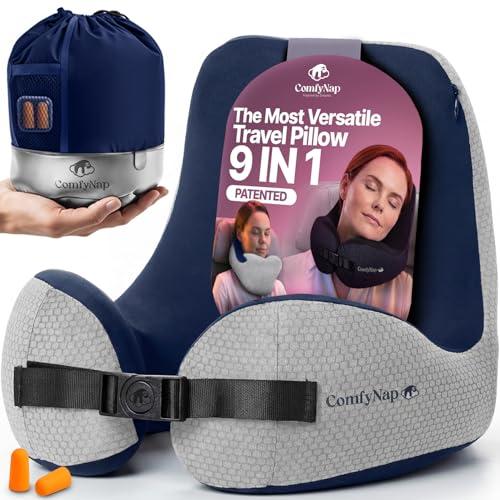 ComfyNap® Versatile Travel Neck Pillow for Airplane [Patented], 9 Positions in 3 Techniques, Plane Pillow with Pure Memory Foam, Travel Pillow with HeadRest Flight Sleep, Travel Essential - Earth