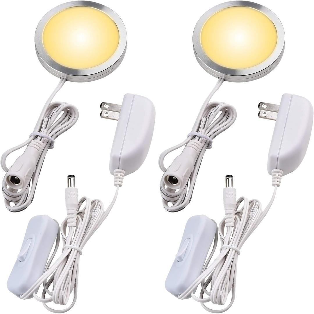 Single LED Kitchen Under Cabinet Puck Light, 120V Direct Wall Plug in Closet Cupboard Night Light, Easy to Mount, Inline On Off Switch, White Wires, 2 Packs, Warm White